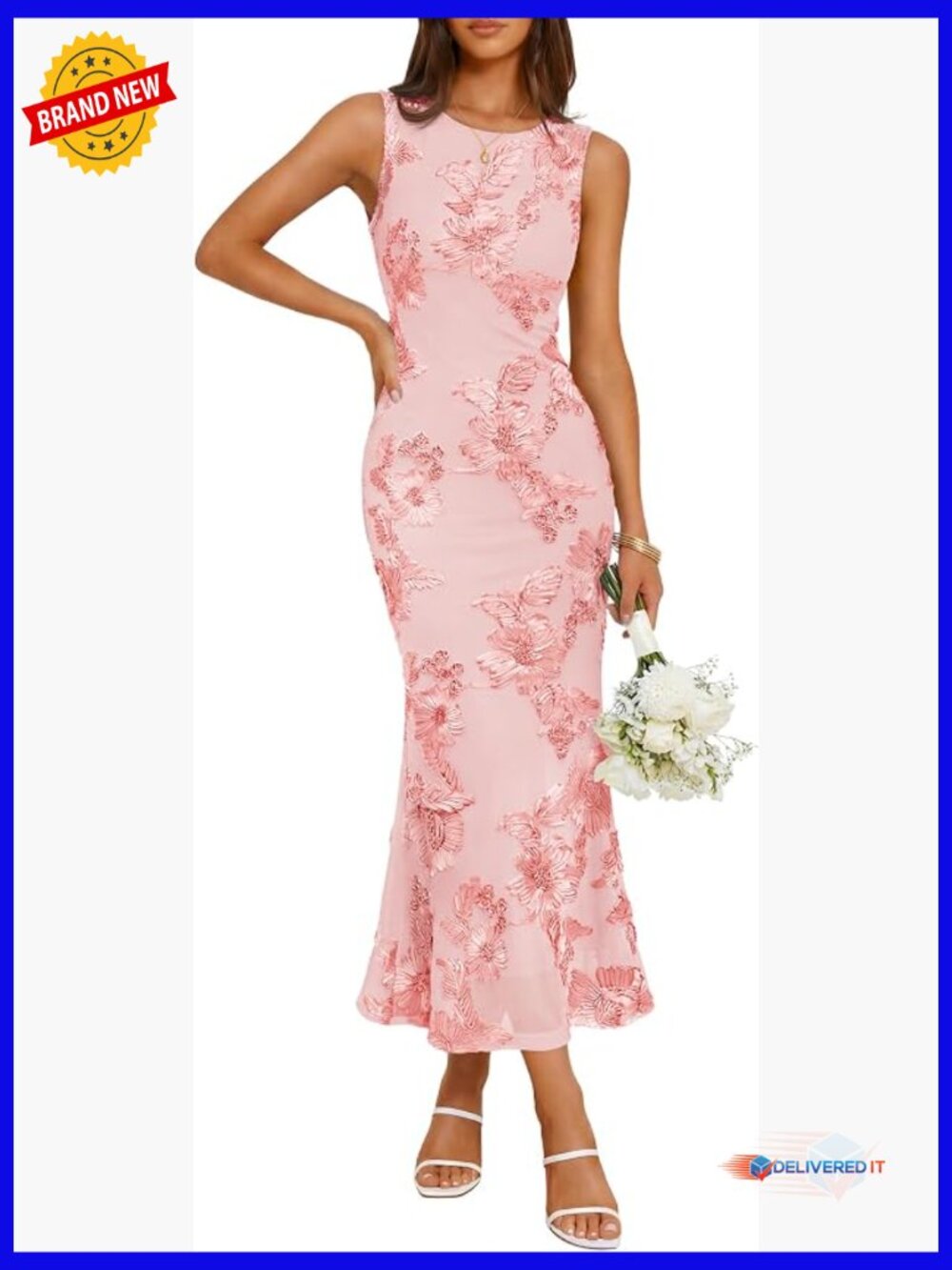 Sleeveless Floral Midi Bodycon Dress Mesh Slit Cocktail Party